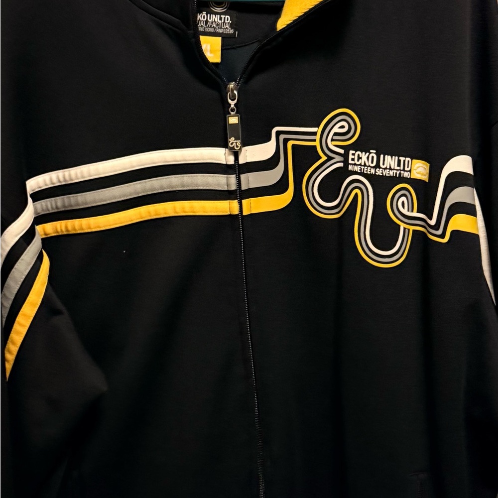 Ecko Unlimited Black Jacket with Yellow Accents Embroidered Rhyme and Reason